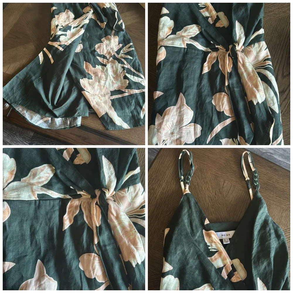 Reiss Alice Fitted Green Floral Linen Chain Strap Midi Dress Size 4 Wrap New - Picture 7 of 16